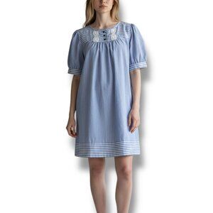 Tibi Size 6 Blue Embroidered Short Sleeve Shift Dress Cottagecore
